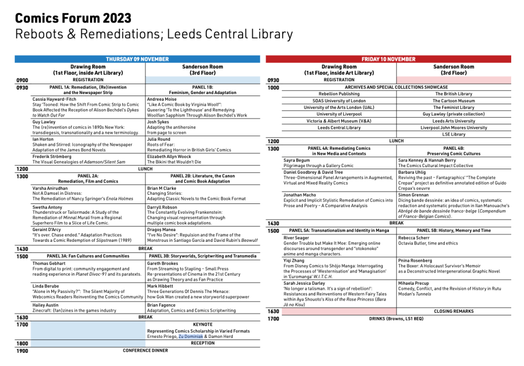 Comics Forum 2023 draft programme, Thursday 9 November and Friday 10 November 2023. Machine readable PDF available in the link in the post. 
