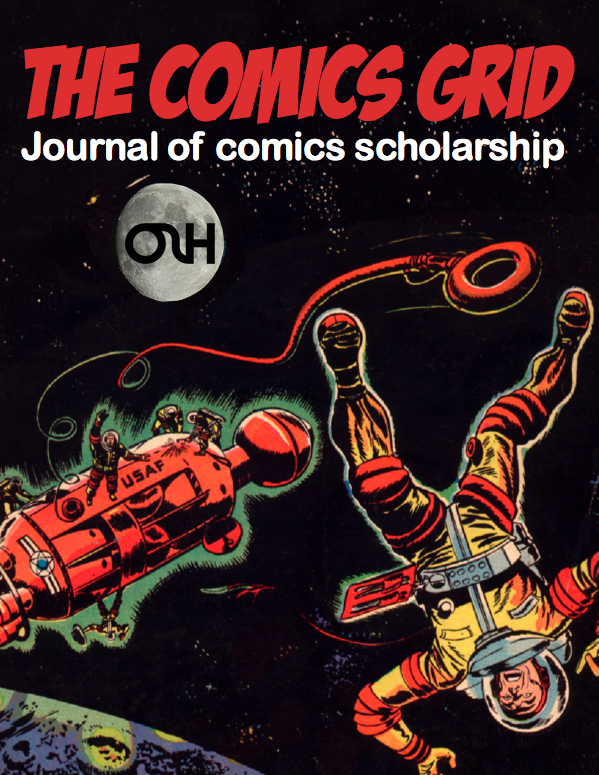 The Comics Grid Journal of Comics Scholarship cover image with OLH logo. Space astronaut rescue 50s comic image. Public Domain. 